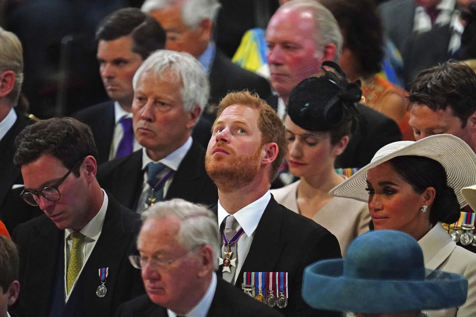 El príncipe Enrique en la misa de acción de gracias para la reina Isabel II en la Catedral de San Pablo en Londres el viernes 3 de junio de 2022 en el segundo de cuatro días de celebraciones por su Jubileo de Platino por sus 70 años de reinado. (Victoria Jones/Pool photo vía AP)