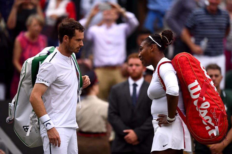 Serena Williams and Andy Murray after winning their mixed doubles match on day eight of the Wimbledon Championships at the All England Lawn Tennis and Croquet Club, Wimbledon.