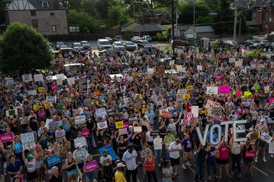 Letters forming the word VOTE are seen as abortion rights activists protest outside the Planned Parenthood Reproductive Health Services Center after the overturning of Roe Vs. Wade by the U.S. Supreme Court, in St. Louis on June 24.