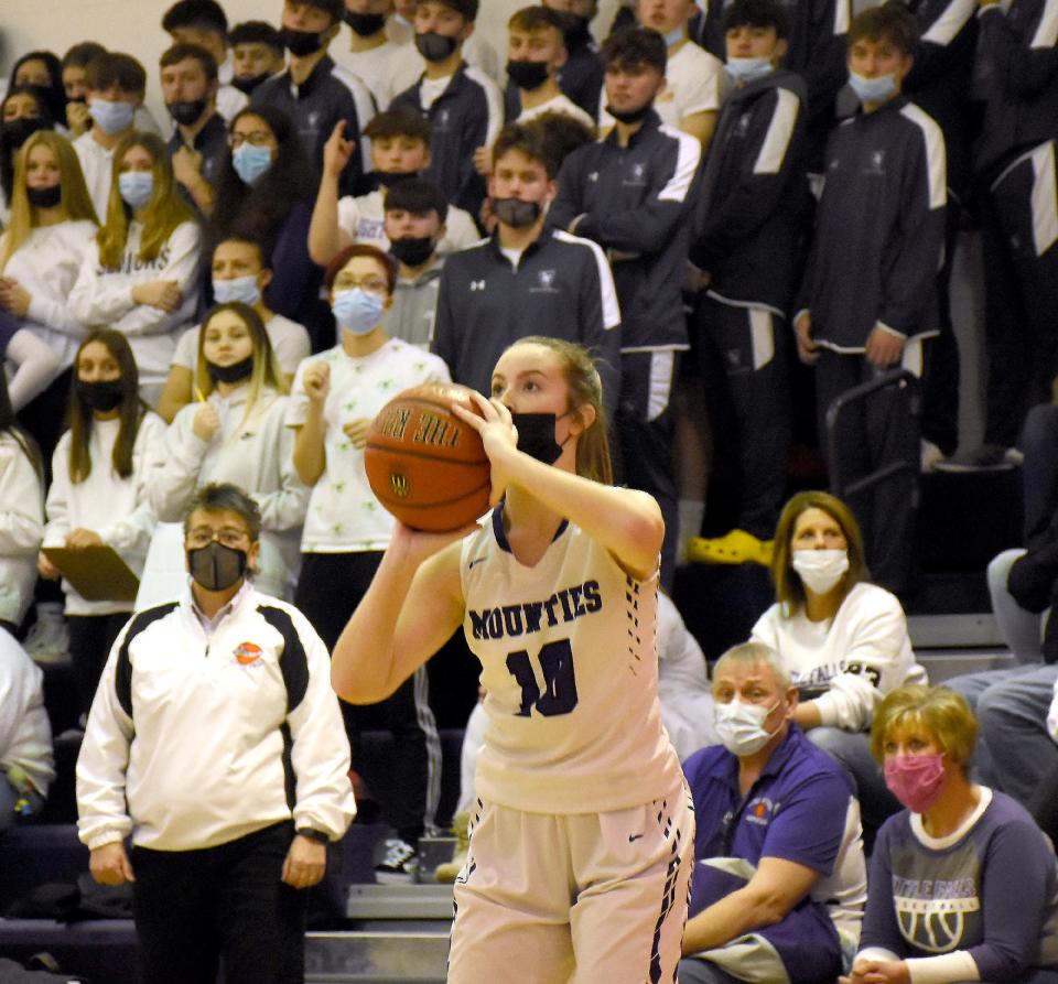 Little Falls Mountie Kylie Kress sets up to shoot in front of coach Pam Munger (left) and a group of students during a Section III playoff game against Jordan-Elbridge. Kress is among the all-state selections for Class B basketball.