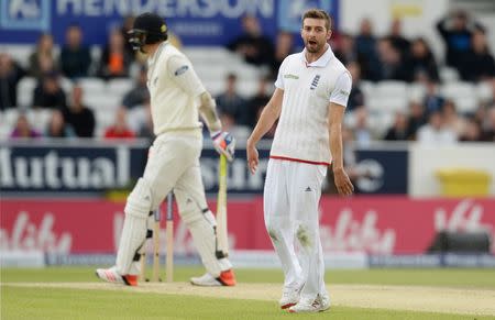 Cricket - England v New Zealand - Investec Test Series Second Test - Headingley - 1/6/15 England's Mark Wood reacts as New Zealand's Tim Southee edges the ball Action Images via Reuters / Philip Brown Livepic