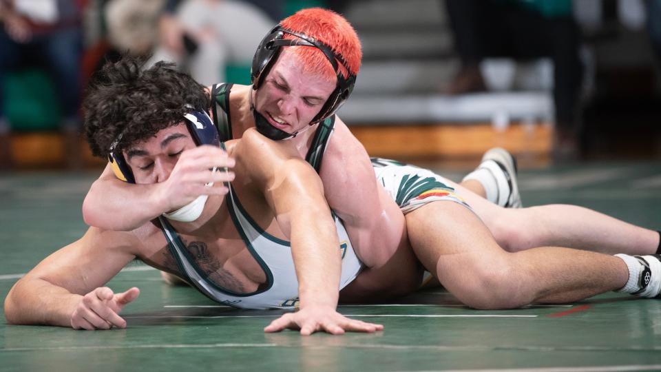 Camden Catholic's Austin Craft controls Red Bank Catholic's Christian Rodriguez during the 157 lb. bout of the state Non-Public B semifinal wrestling meet held at Camden Catholic High School on Thursday, February 8, 2024. Craft defeated Rodriguez, 9-1.