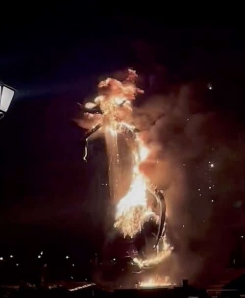 PHOTO: An image captured by an attendee shows Tom Sawyer Island as an animatronic dragon catches fire during a showing of Fantasmic! at Disneyland in Anaheim, California, April 22, 2023. (Brenda Coutiño)