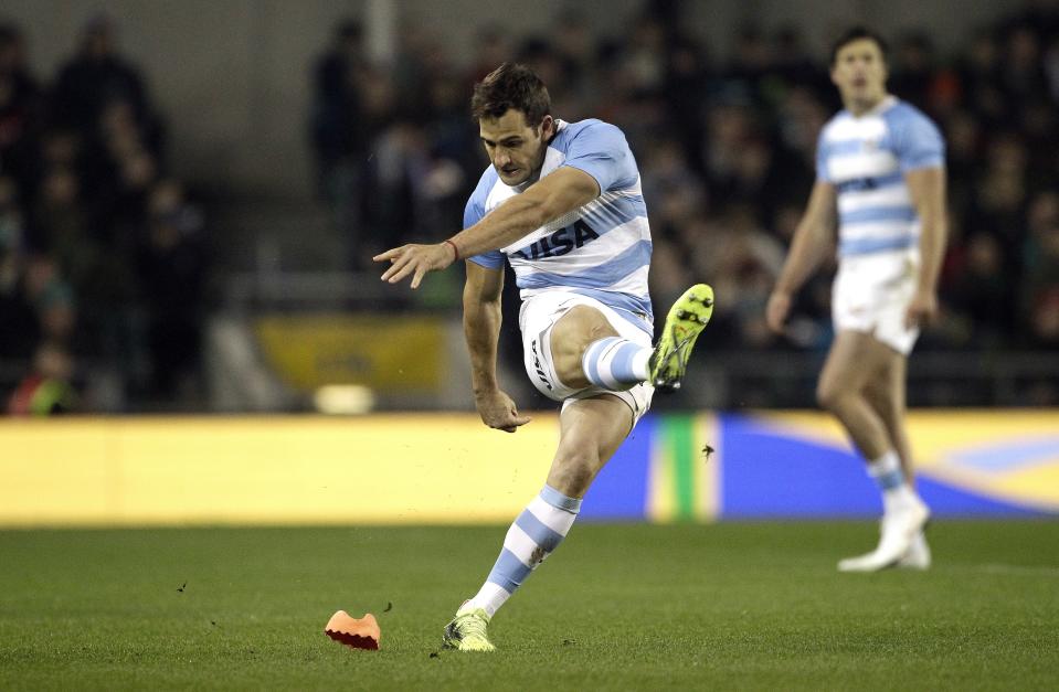 Argentina's Nicolas Sanchez kicks a penalty during the rugby union international match between Ireland and Argentina, at the Aviva Stadium in Dublin, Ireland, Saturday, Nov. 10, 2018. (AP Photo/Peter Morrison)