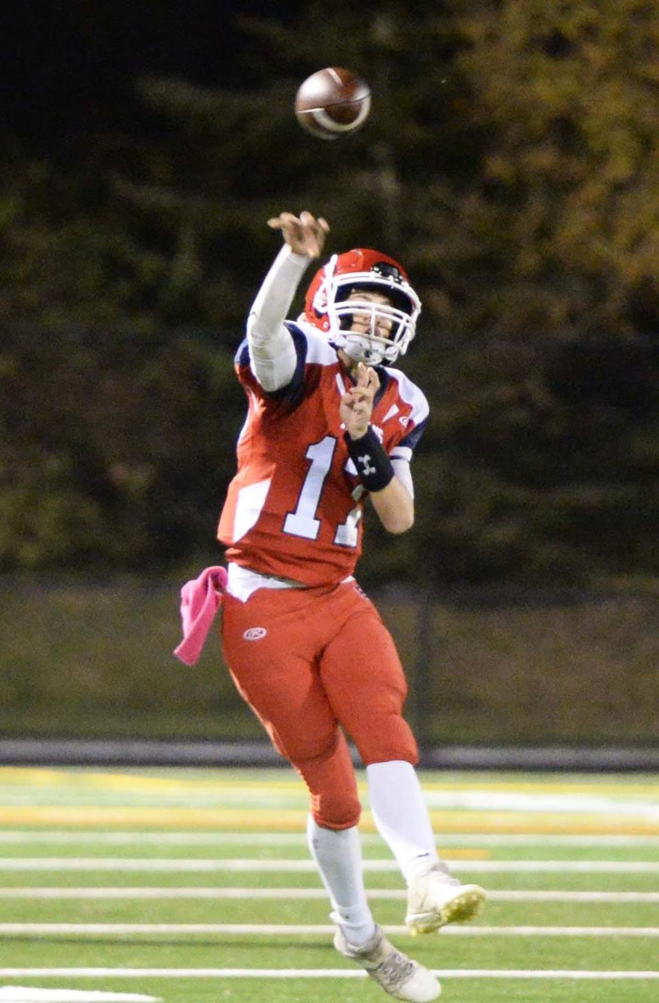 Bridgewater-Raynham quarterback Declan Byrne passes the football against New Bedford on Friday, Oct. 15, 2021.