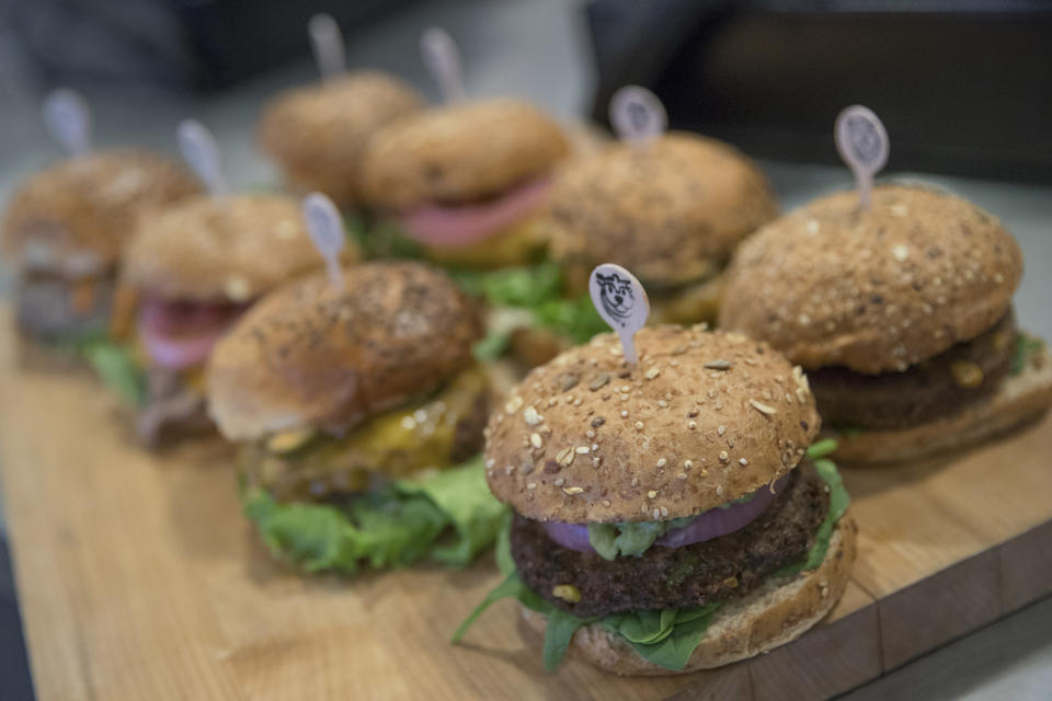 Bareburger sandwiches are displayed during a media tour of Yankee stadium, Tuesday, April 4, 2017, in New York. The New York Yankees home-opener at the ballpark is scheduled for Monday, April 10, 2017, against the Tampa Bay Rays. (AP Photo/Mary Altaffer)