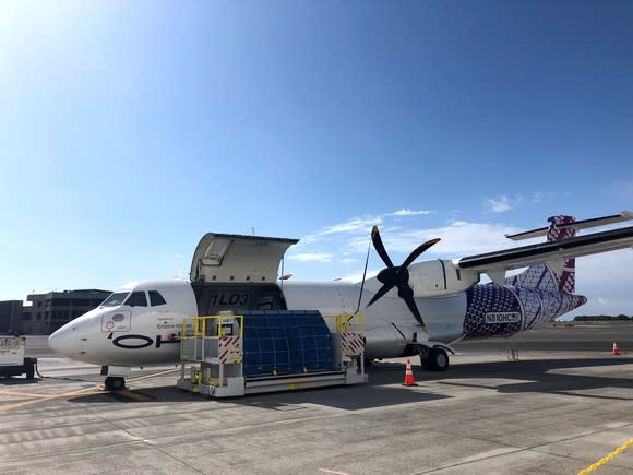 Hawaiian Airlines' first ATR-72 being loaded with cargo