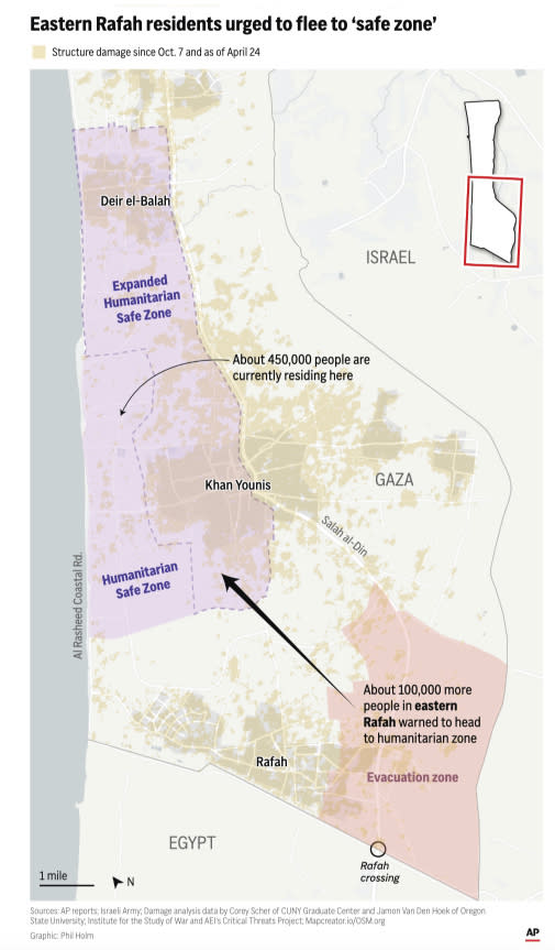 People in eastern Rafah have been told by Israel's military to move to a humanitarian safe zone on the coast to the northwest to avoid an imminent Israeli attack. (AP Digital Embed)
