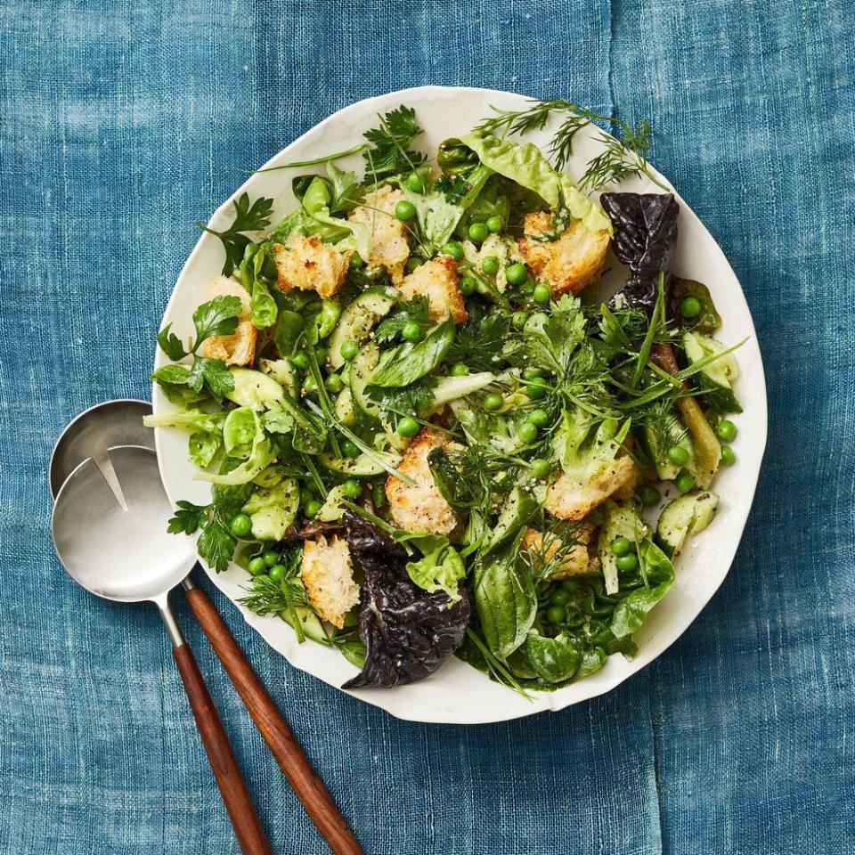 <p>Inspired by the Italian tomato-and-bread salad, we made a green (and St. Paddy's appropriate) version with peas, herbs and mixed greens.</p><p>Get the <a href="https://www.goodhousekeeping.com/food-recipes/a35473345/spring-panzanella-recipe/" rel="nofollow noopener" target="_blank" data-ylk="slk:Spring Panzanella recipe;elm:context_link;itc:0;sec:content-canvas" class="link "><strong>Spring Panzanella recipe</strong></a>.</p><p> <strong>RELATED: </strong><a href="https://www.goodhousekeeping.com/food-recipes/healthy/g31116887/spring-salads/" rel="nofollow noopener" target="_blank" data-ylk="slk:33 Fresh, Colorful Spring Salads That'll Make It Easy to Eat Your Veggies;elm:context_link;itc:0;sec:content-canvas" class="link ">33 Fresh, Colorful Spring Salads That'll Make It Easy to Eat Your Veggies</a></p>