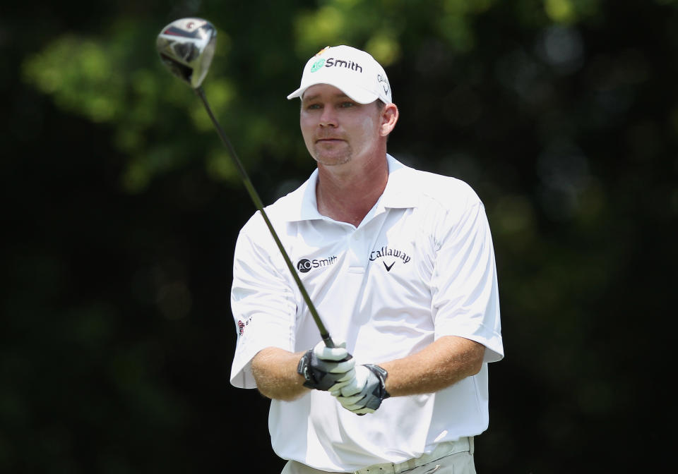 FORT WORTH, TX - MAY 25: Tommy Gainey watches his tee shot on the 12th hole during the second round of the Crowne Plaza Invitational at Colonial at the Colonial Country Club on May 25, 2012 in Fort Worth, Texas. (Photo by Scott Halleran/Getty Images)