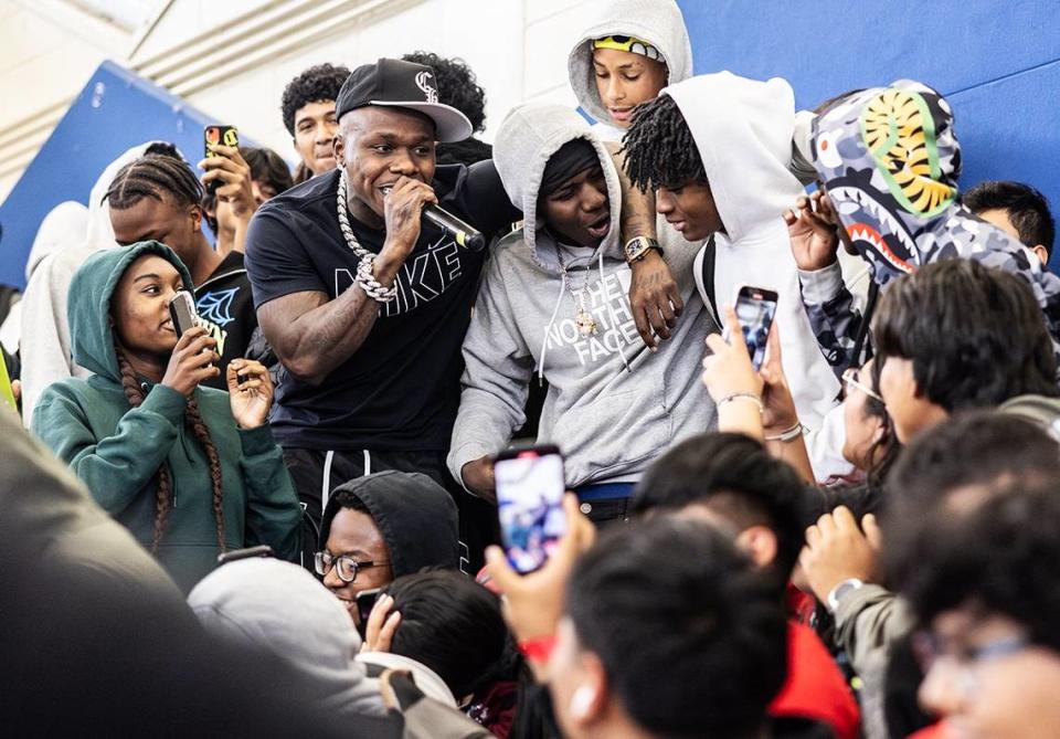 Rapper DaBaby performs at Garinger High School in Charlotte, N.C., on Monday, April 22, 2024.