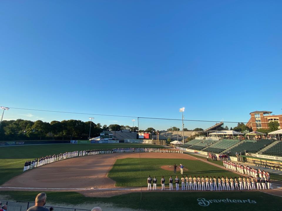 Introductions at the American Legion Northeast Regionals in Worcester, Massachusetts, on Wednesday. Essex Post 91, the Vermont state champion, is competing at the double-elimination tournament.