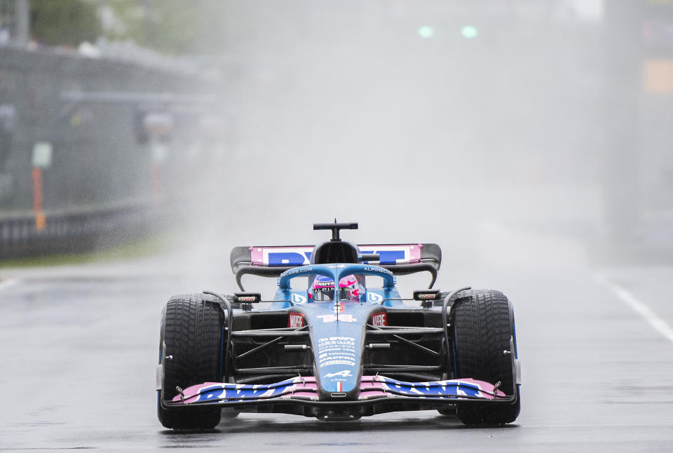 Alpine driver Fernando Alonso, of Spain, comes on to the track during the third practice session at the Formula One Canadian Grand Prix in Montreal, Saturday, June 18, 2022. (Graham Hughes/The Canadian Press via AP)