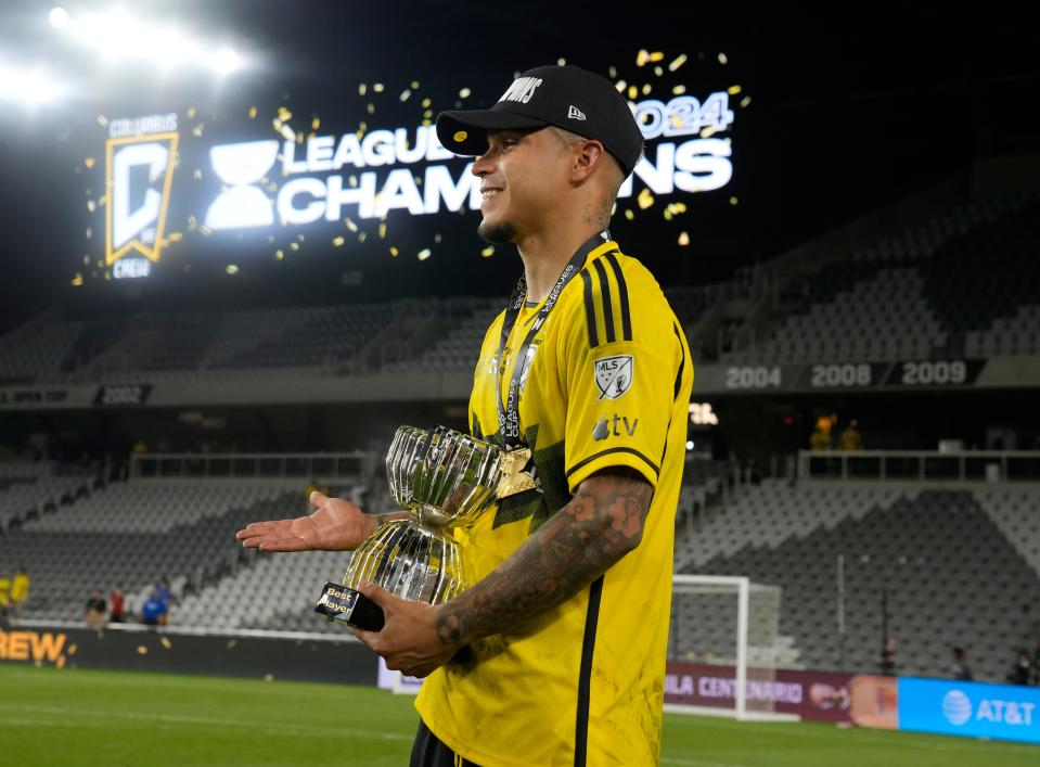 Aug 25, 2024; Columbus, Ohio, USA; 
Columbus Crew forward Cucho Hernández (9) holds the Best Player trophy after a 3-1 win over Los Angeles FC in the Leagues Cup Final at Lower.com Field. 
Mandatory Credit: Barbara Perenic-USA TODAY Sports