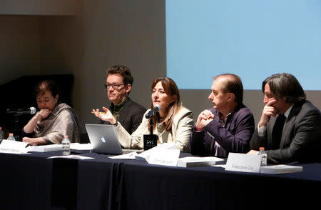 (L-R) Members of the Inter-American Commission on Human Rights (IACHR) Claudia Paz, Alejandro Valencia, Angela Buitrago, Carlos Beristain and Francisco Cox attend a news conference on the disappearance of the 43 students at Ayotzinapa teacher training college, in Mexico City, Mexico, April 28, 2016. REUTERS/Ginnette Riquelme