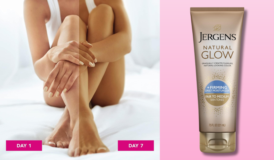 Comparison of woman demonstrating paler skin on Day 1 and tanner skin on Day 7 alongside bottle of Jergens Natural Glow