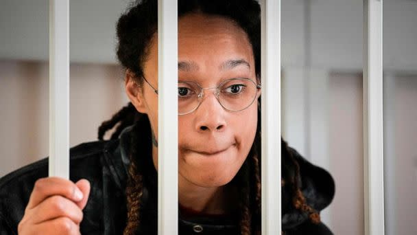 PHOTO: Brittney Griner reacts inside a defendants' cage before a hearing at the Khimki Court, outside Moscow, July 26, 2022. (Alexander Zemlianichenko/POOL/AFP via Getty Images)