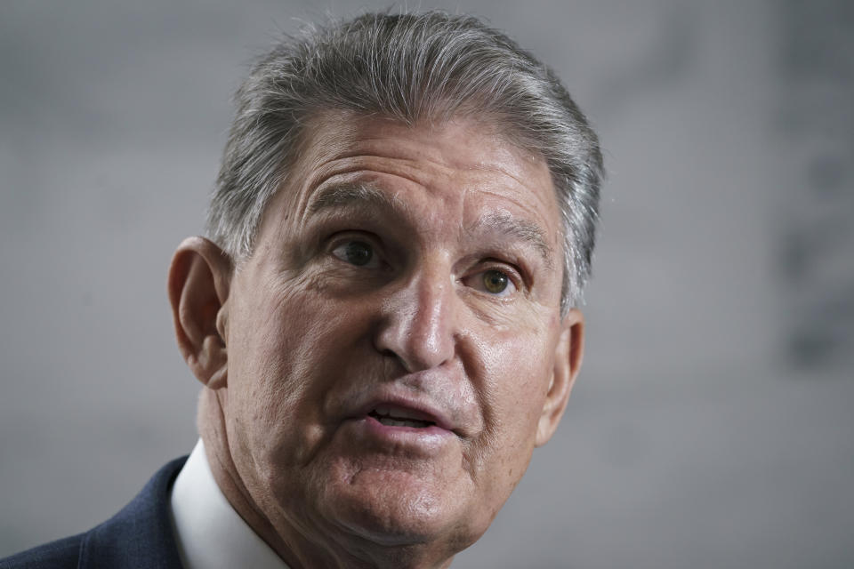 Sen. Joe Manchin, D-W.Va., speaks to reporters at the Capitol in Washington, Aug. 1, 2022. Republicans see inflation, taxes and immigration as Democratic weak spots worth attacking, and two opposition senators as prime targets, in the upcoming battle over an economic package the Democrats want to push through the Senate. (AP Photo/J. Scott Applewhite)