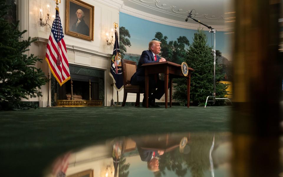 US President Donald Trump speaks to reporters after participating in a Thanksgiving teleconference with members of the United States Military, at the White House in Washington, DC, on November 26, 2020. (Photo by ANDREW CABALLERO-REYNOLDS / AFP) (Photo by ANDREW CABALLERO-REYNOLDS/AFP via Getty Images)