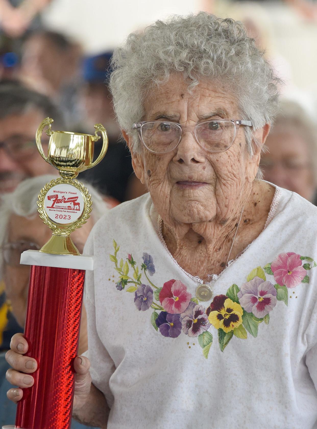 Marion Yoas, of Newport, was awarded the trophy for oldest women attending the Senior Citizens' Program Wednesday at the 2023 Monroe County Fair. She is 107 and will turn 108 next month.