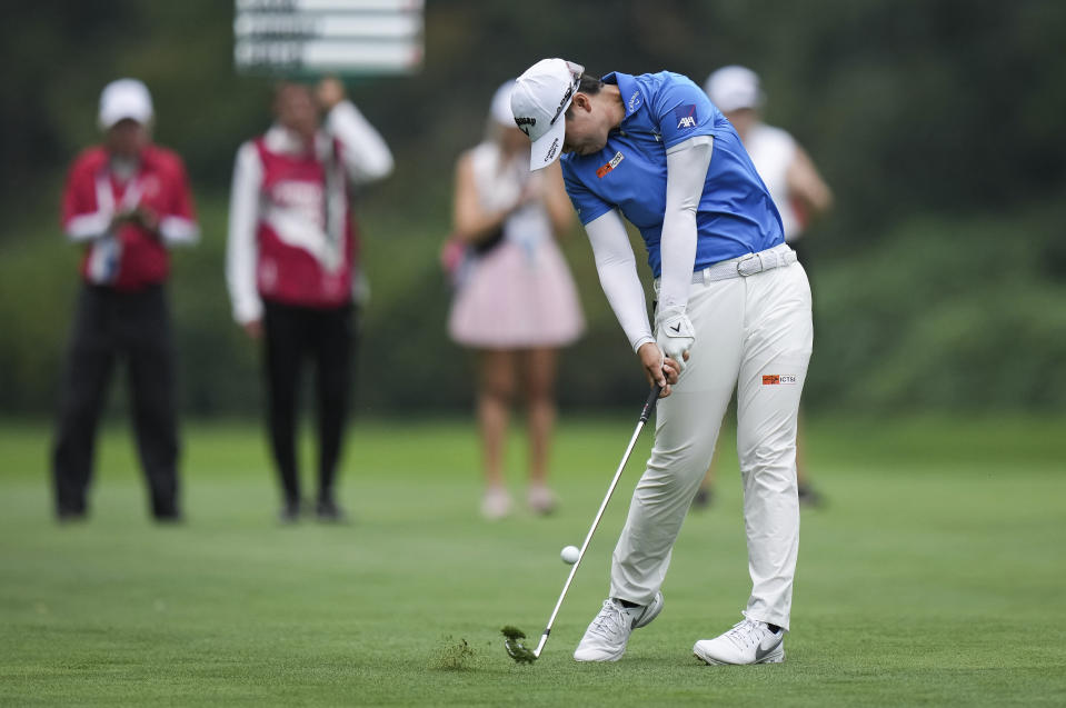 Yuka Saso, of Japan, hits her second shot on the sixth hole during the second round of the CPKC Women’s Open golf tournament Friday, Aug. 25, 2023, in Vancouver, British Columbia. (Darryl Dyck/The Canadian Press via AP)