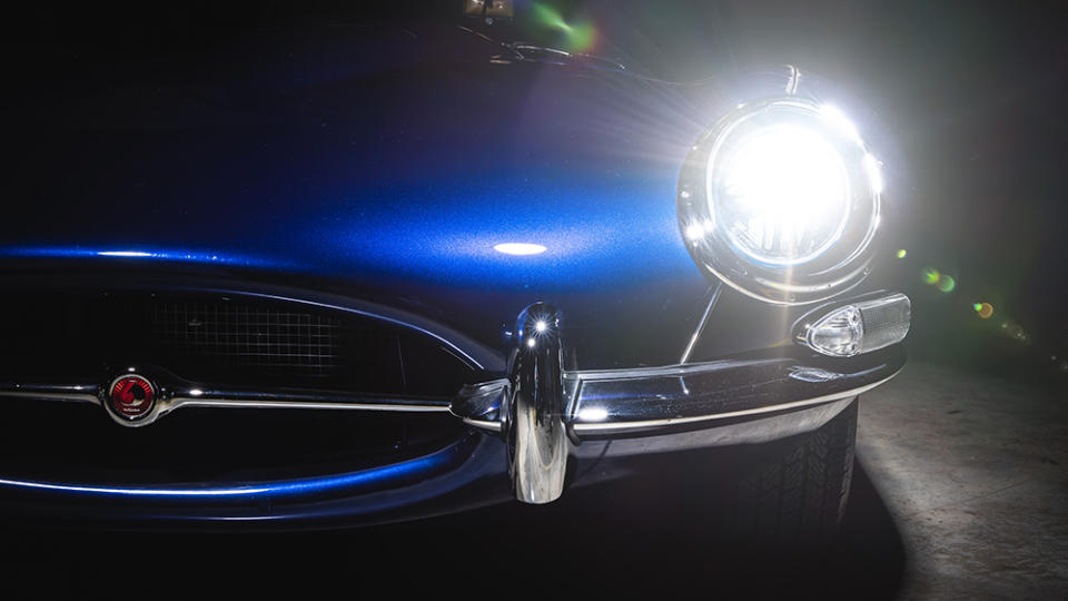 A closeup of the front of the Jaguar Classic E-type restomod