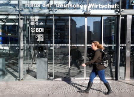 The logos of BDA, BDI and DIHK are pictured at their common headquarters in Berlin