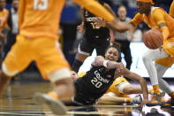 Connecticut's Olivia Nelson-Ododa (20) passes the ball under pressure from Tennessee in the second half of an NCAA college basketball game, Thursday, Jan. 23, 2020, in Hartford, Conn. (AP Photo/Jessica Hill)