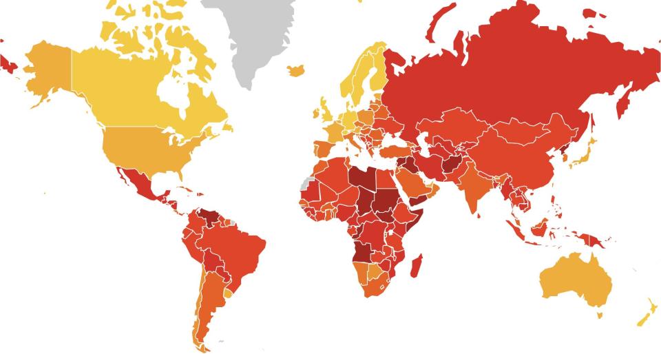 The latest Corruption Perceptions Index, which ranks 180 countries and territories based on how corrupt their administrative and political institutions are perceived to be. (Graphic: Transparency International)