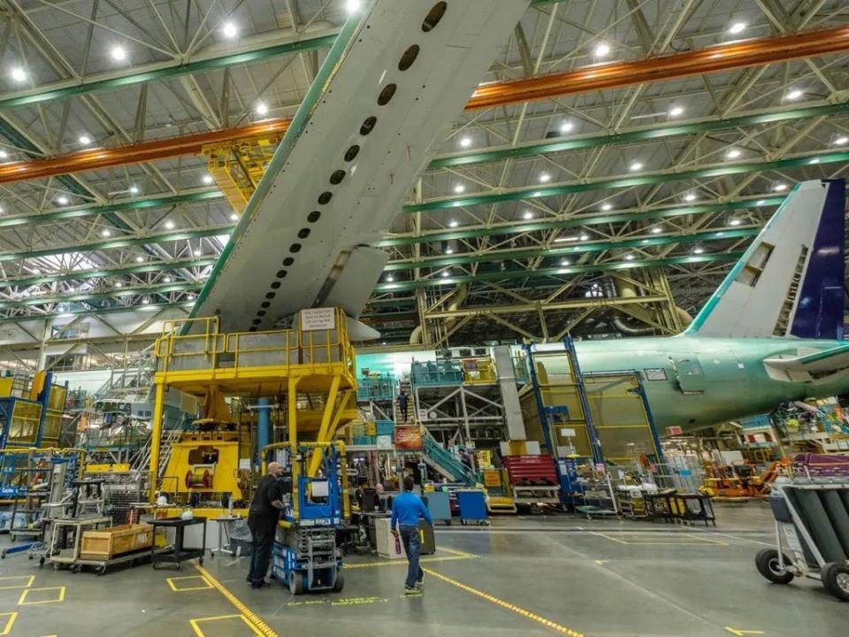 A Boeing 777X aircraft being built by Boeing.