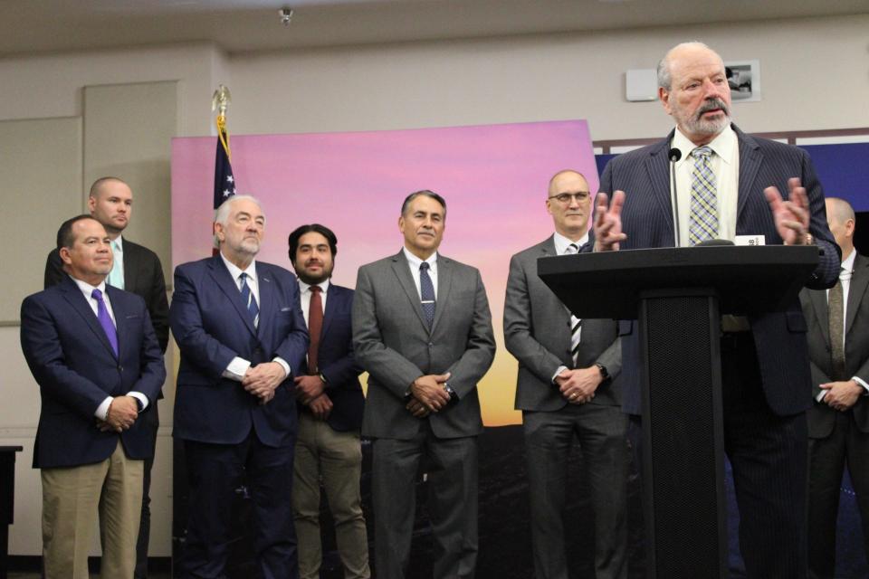 (Left to right) El Paso city Reps. Art Fierro, Chris Canales, Josh Acevedo and Henry Rivera, alongside Interim City Manager Carey Westin, listen as Mayor Oscar Leeser discusses plans for the new Sunset Amphitheater during a news conference Tuesday, Aoril 23, 2024.