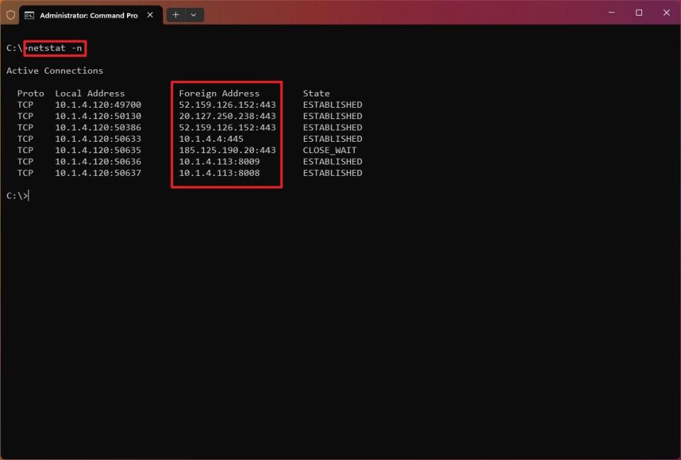 netstat -n command