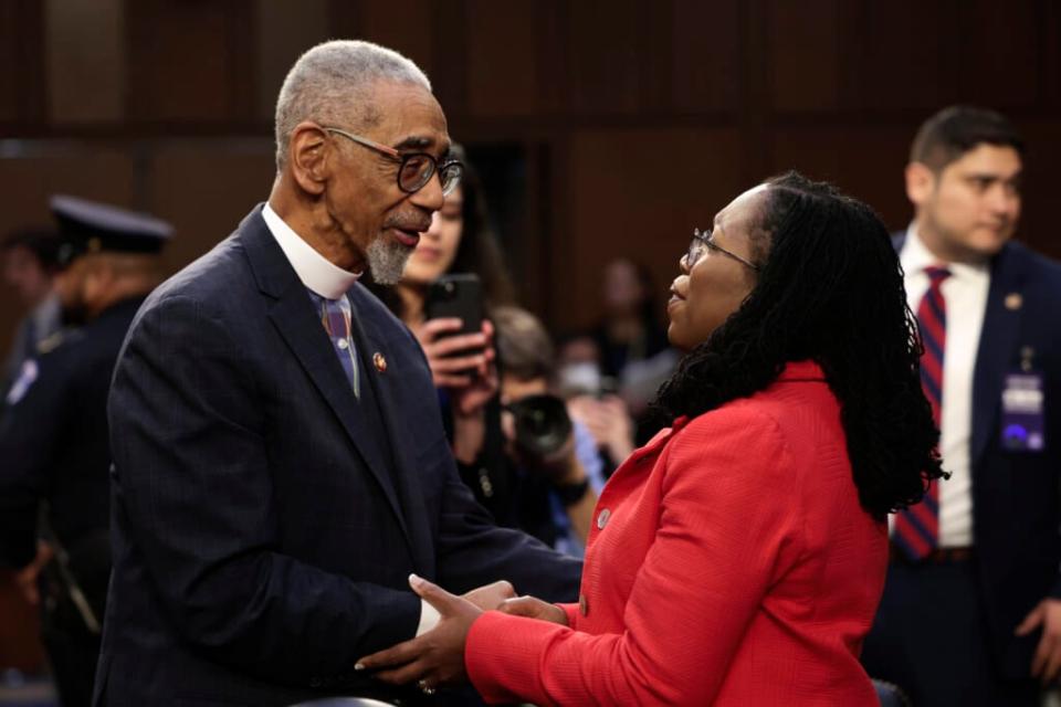 U.S. Supreme Court nominee Judge Ketanji Brown Jackson greets Rep. Bobby Rush (D-IL) during her Senate Judiciary Committee confirmation hearing, in the Hart Senate Office Building on Capitol Hill, March 22, 2022 in Washington, DC. (Photo by Anna Moneymaker/Getty Images)