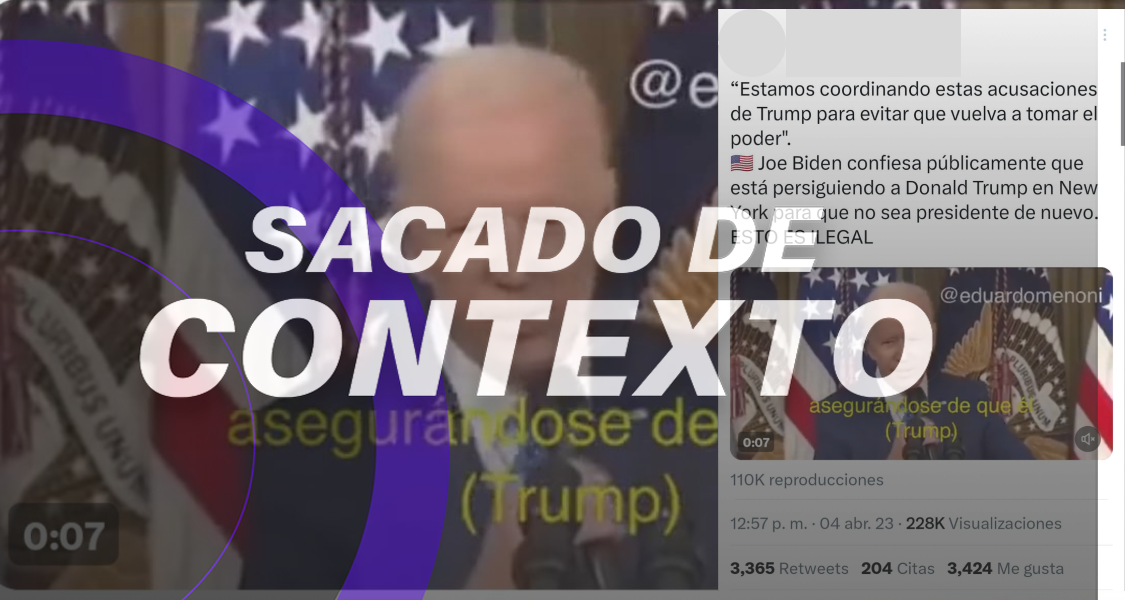 El video de Biden está sacado de contexto, pues es de noviembre de 2022, antes de que Trump enfrentara acusaciones penales