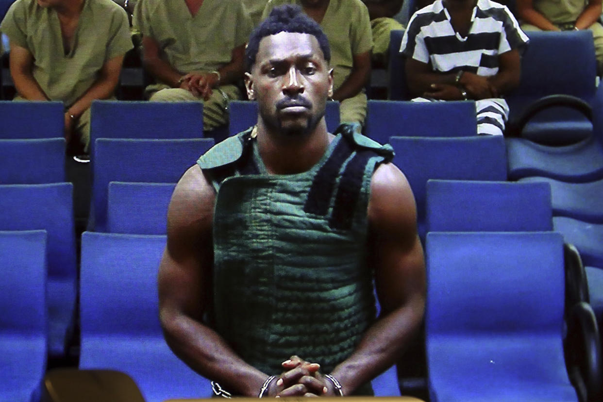 Antonio Brown appears at the Broward County Courthouse in Fort Lauderdale, Fla., via video link on Jan. 24. Brown was accused of attacking the driver of a moving truck that carried some of his possessions from California. (Amy Beth Bennett/South Florida Sun Sentinel via AP, Pool)