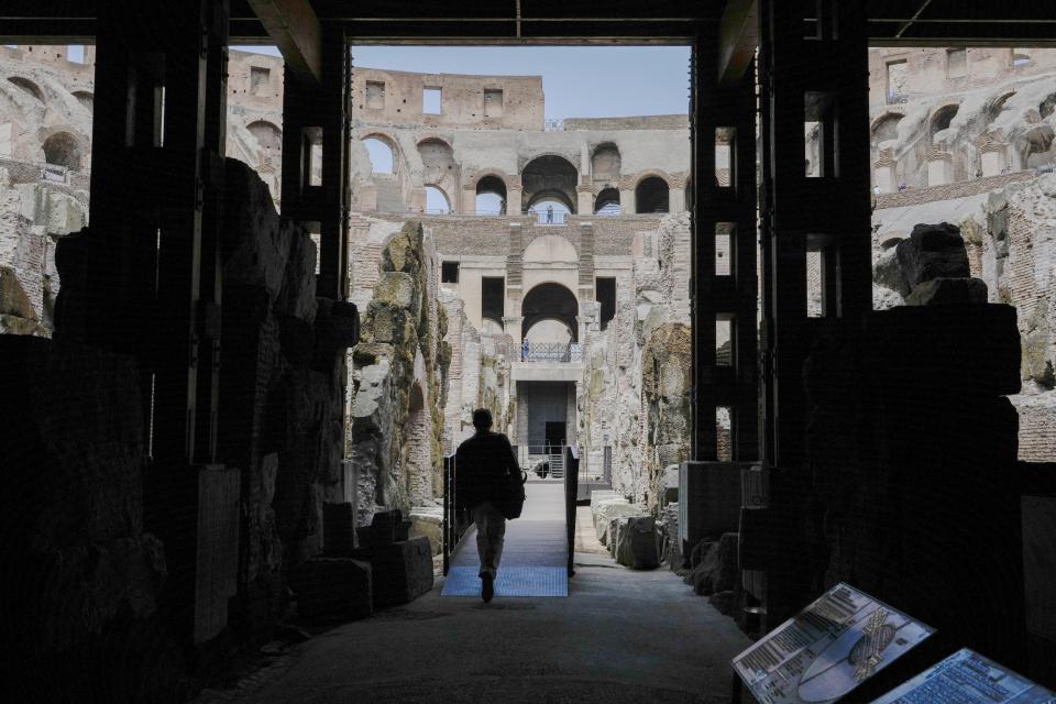 A view of the newly restored lower level of the Colosseum during an event for the media, in Rome, Friday, June 25, 2021. After 2-and-1/2 years of work to shore up the Colosseum’s underground passages, tourists will be able to go down and wander through part of what what had been the ancient arena’s “backstage.” (AP Photo/Andrew Medichini)