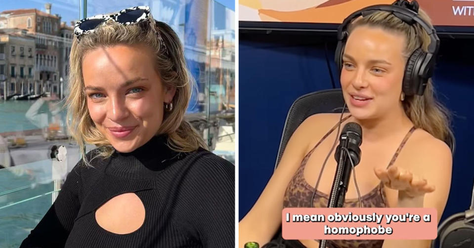 L: Abbie Chatfield smiles in a black top and sunglasses on top of her head. R: Abbie sits in her podcast studio with her headphones on and a singlet.