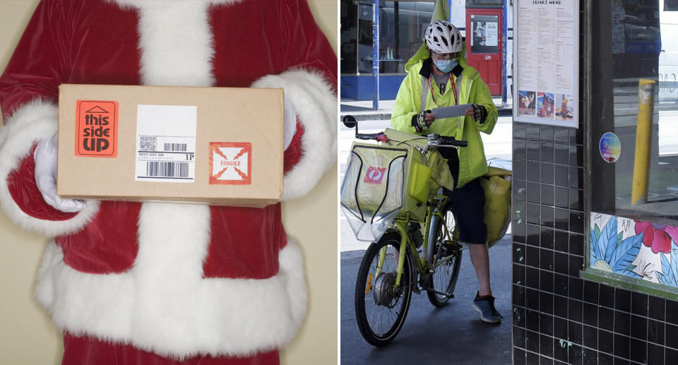 Santa holding a parcel and an Australia Post employee wearing a mask as they deliver mail.
