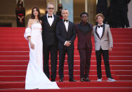 Anne Hathaway, from left, director James Gray, Jeremy Strong, Jaylin Webb, and Michael Banks Repeta pose for photographers upon arrival at the premiere of the film 'Armageddon Time' at the 75th international film festival, Cannes, southern France, Thursday, May 19, 2022. (Photo by Vianney Le Caer/Invision/AP)