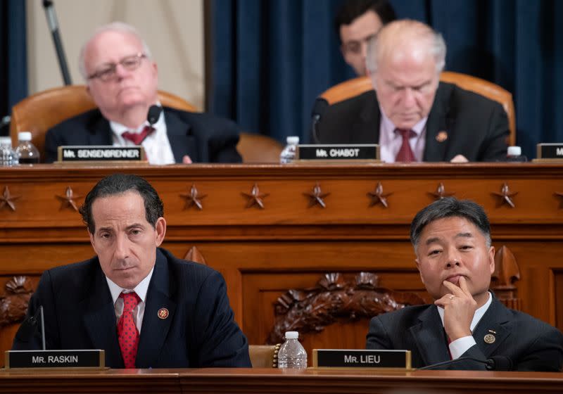 U.S. Representative Jamie Raskin (D-MD) and U.S. Representative Ted Lieu (D-CA) attend a House Judiciary Committee hearing on the impeachment Inquiry into U.S. President Donald Trump on Capitol Hill in Washington