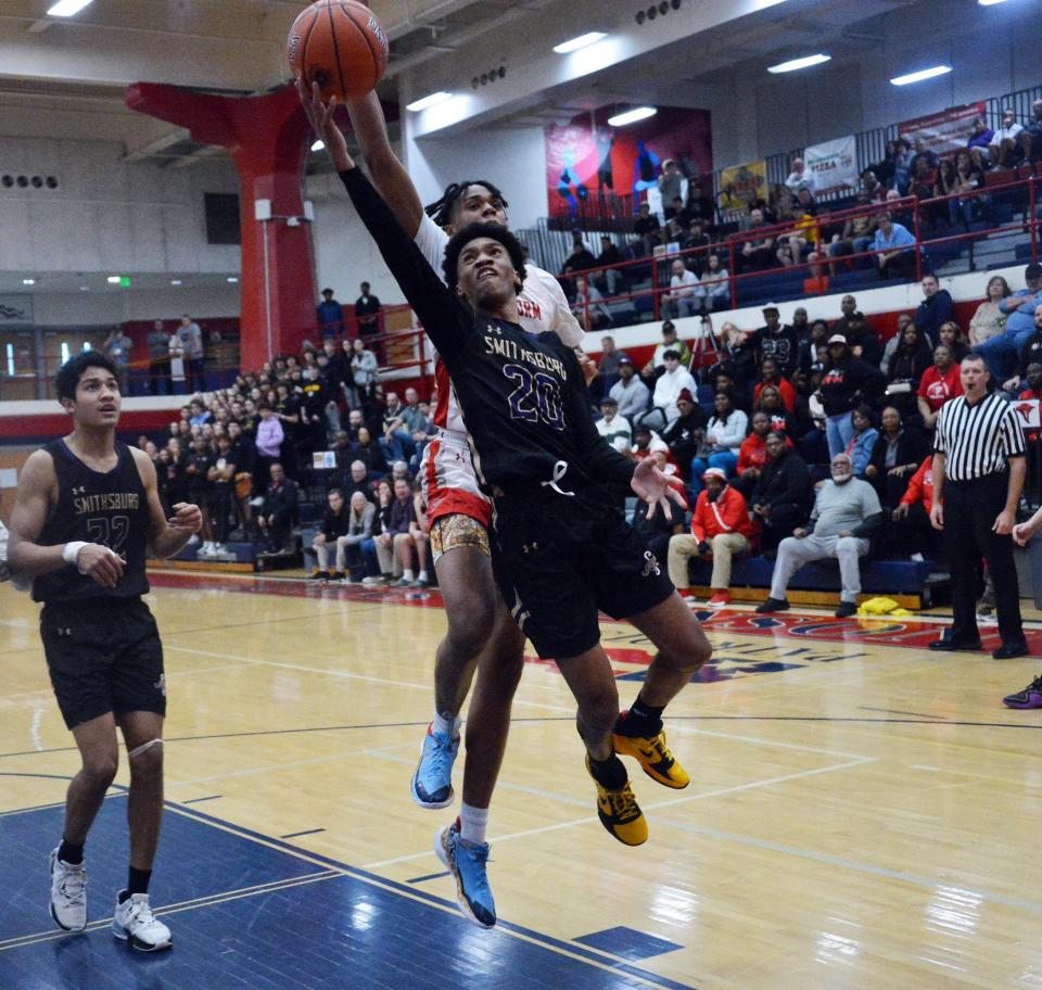 Smithsburg's Jacob Tyler goes to the basket against Edmondson-Westside.