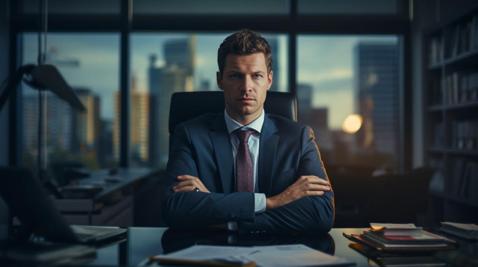 A person sitting at a desk, their arms crossed, expressing the confidence of asset management and administration.