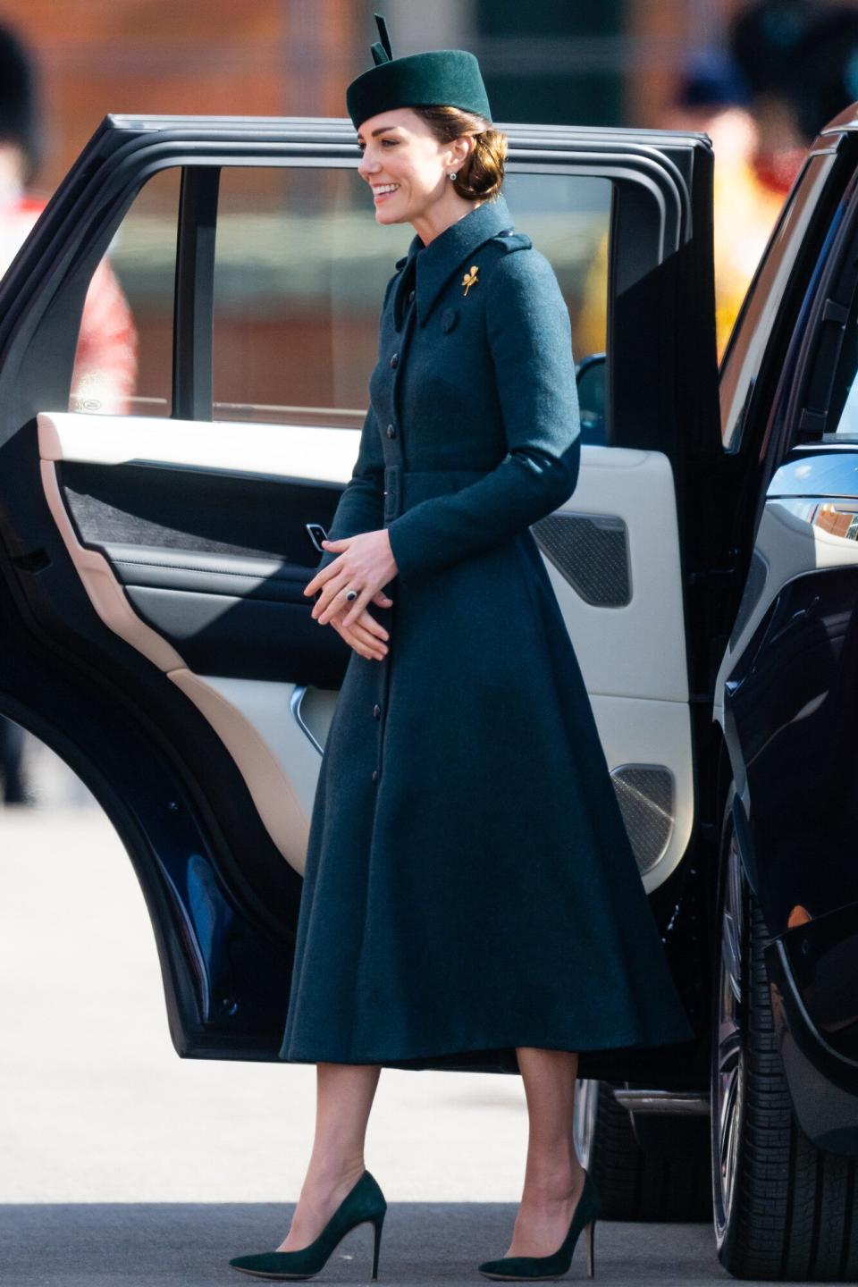 Catherine, Duchess of Cambridge attends the 1st Battalion Irish Guards' St. Patrick's Day Parade with Prince William, Duke of Cambridge at Mons Barracks on March 17, 2022 in Aldershot, England.