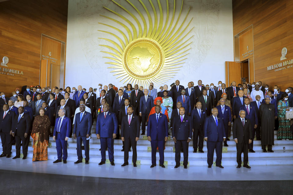 FILE- African heads of state gather for a group photograph at the 35th Ordinary Session of the African Union (AU) Assembly in Addis Ababa, Ethiopia, Feb. 5, 2022. The G20 group of the world's leading economies is welcoming the African Union as a permanent member, a powerful acknowledgement of the continent of more than 1.3 billion people as its countries seek a more important role on the global stage. (AP Photo, File)