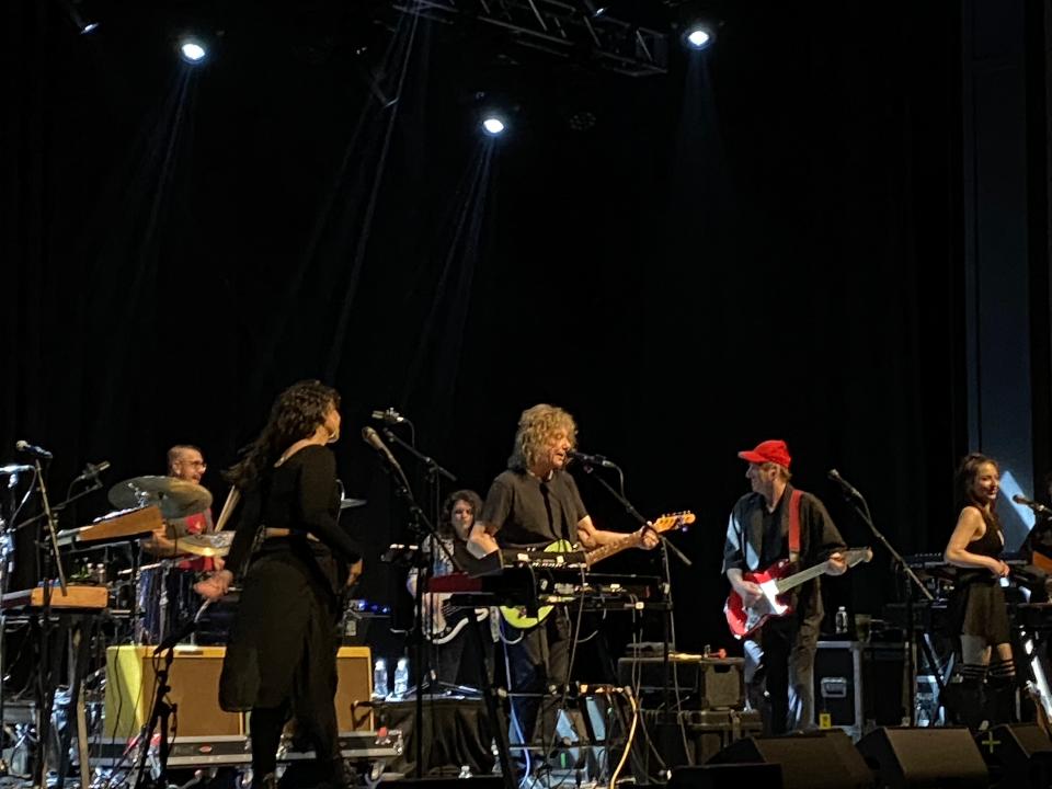 Jerry Harrison (center) and Adrian Belew (red ballcap) entertain at the Roxian Theatre.
