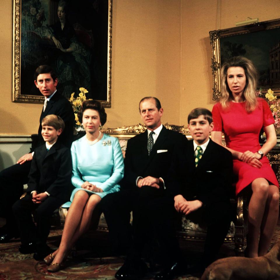 Prince Charles, Prince Edward, Queen Elizabeth II, the Duke of Edinburgh, Prince Andrew and Princess Anne at Buckingham Palace in London, in November 1972 - PA