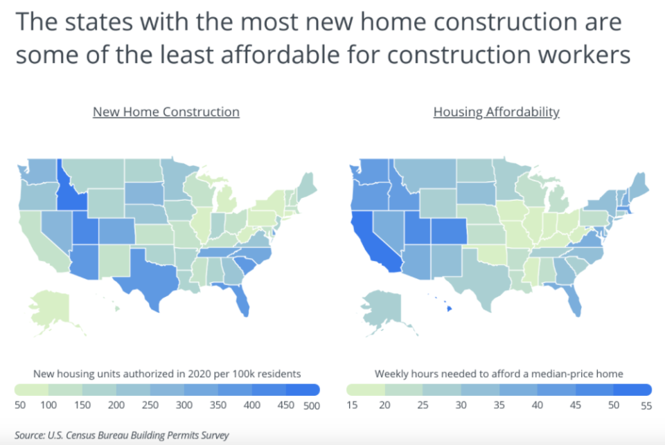 Home affordability map for construction workers. Graph by Porch.com.