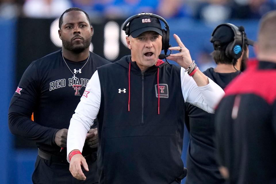 Texas Tech head coach Joey McGuire looks on during the Big 12 football game against BYU, Saturday, Oct. 21 2023, at LaVell Edwards Stadium in Provo, Utah.