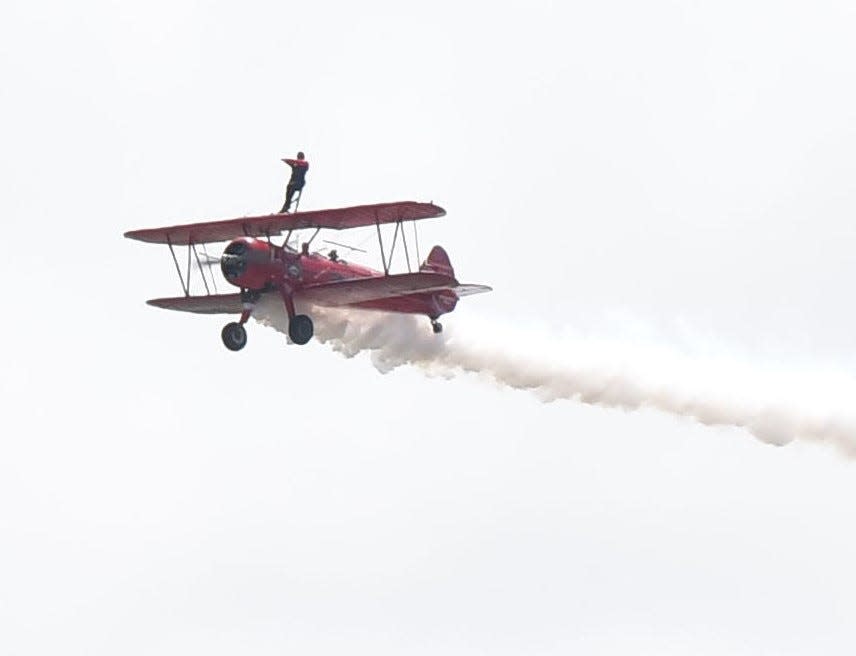 The Third Strike Wingwalkers perform during the Guardians of Freedom air show at Sheppard Air Force Base in Wichita Falls on Sunday, April 28, 2024.
