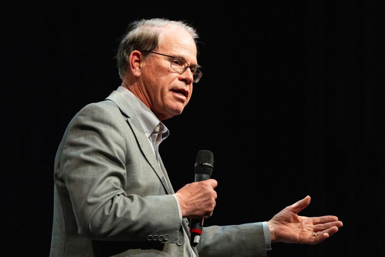 Sen. Mike Braun speaks to the audience on Thursday, Jan. 25, 2024, during a First Principles Forum of Indiana Republican candidates for governor at Tarkington Theater in Carmel, Indiana.